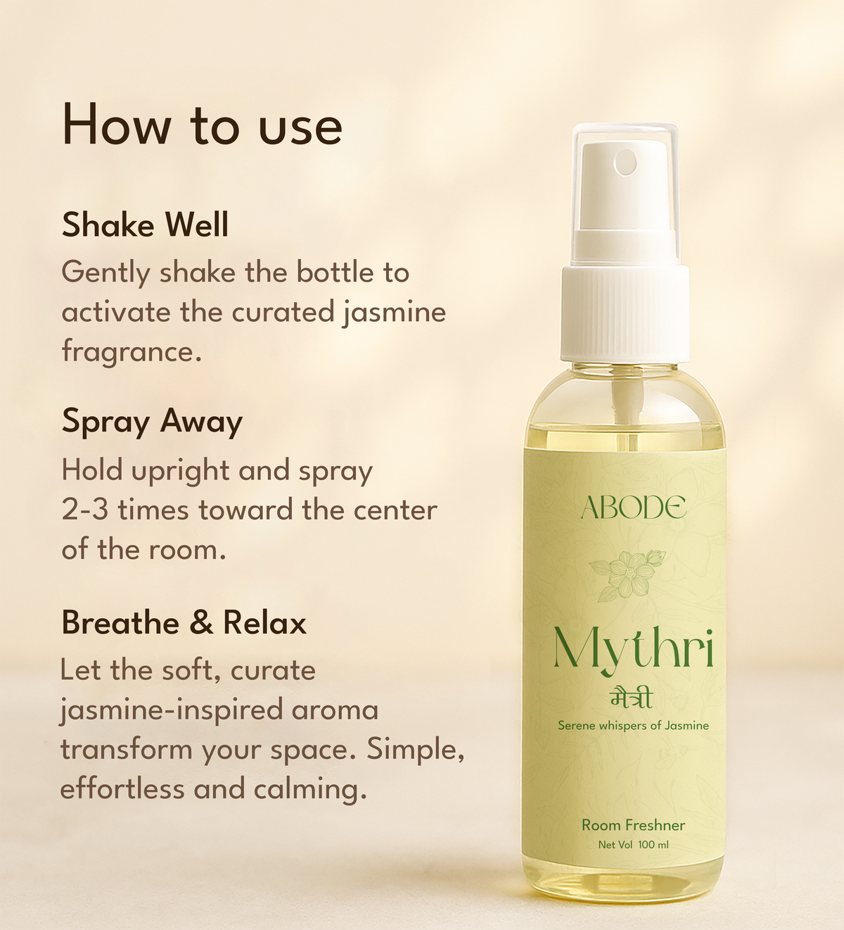 ABODE Mythri Room Freshener | 100ml/3.3 Oz | Serene Whispers of Jasmine