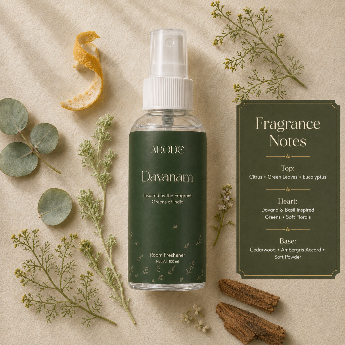 ABODE Davanam Room Freshener Spray | Inspired by Davana, Tulsi & Temple Garlands | Green Herbal Fragrance for Pooja Room, Living Room & Bedroom | Gas-Free Spray | 100 ml