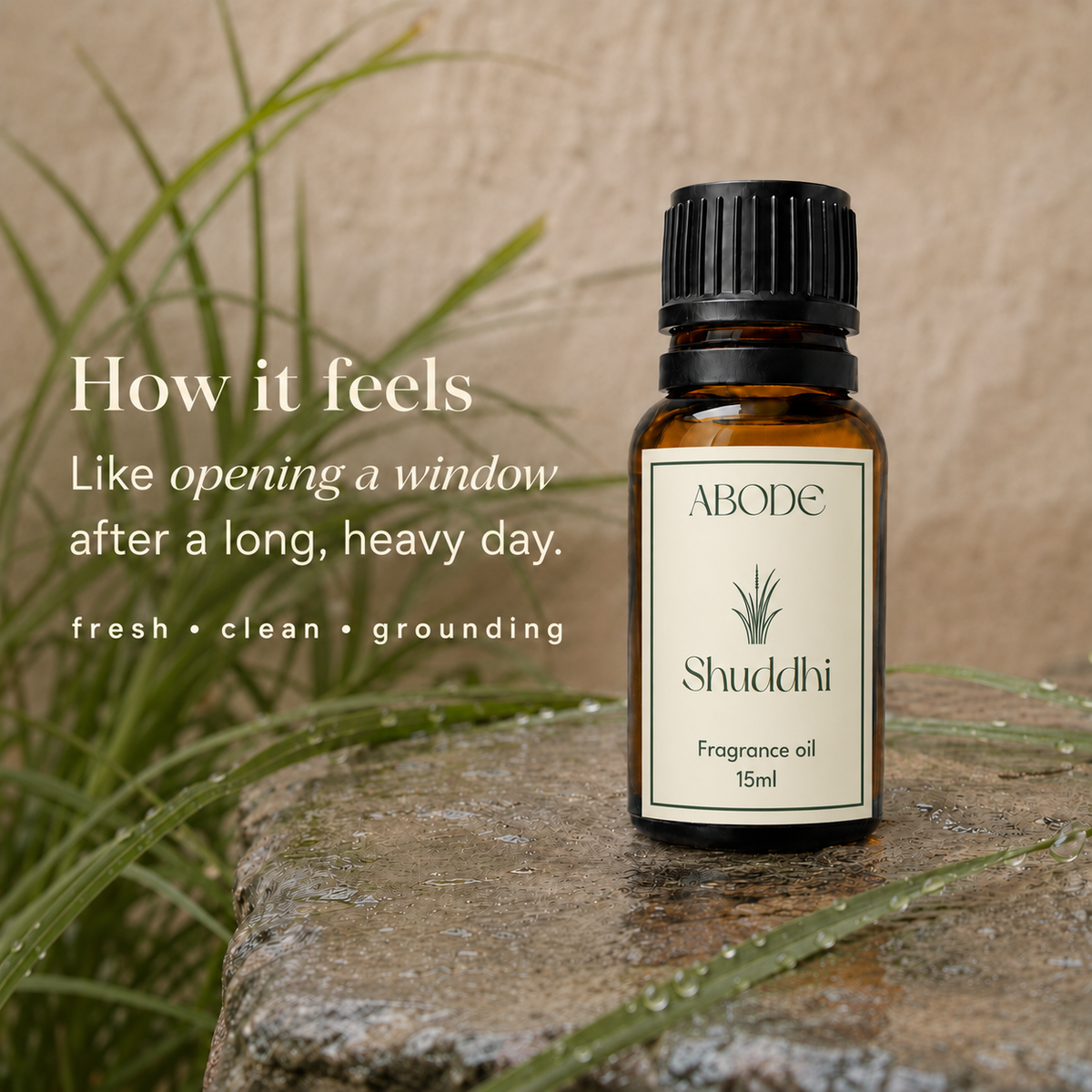 ABODE Shuddhi Fragrance Oil | 15ml | Fresh Green & Woody Blend | Sacred Indian Grass-Inspired Fragrance for Diffusers