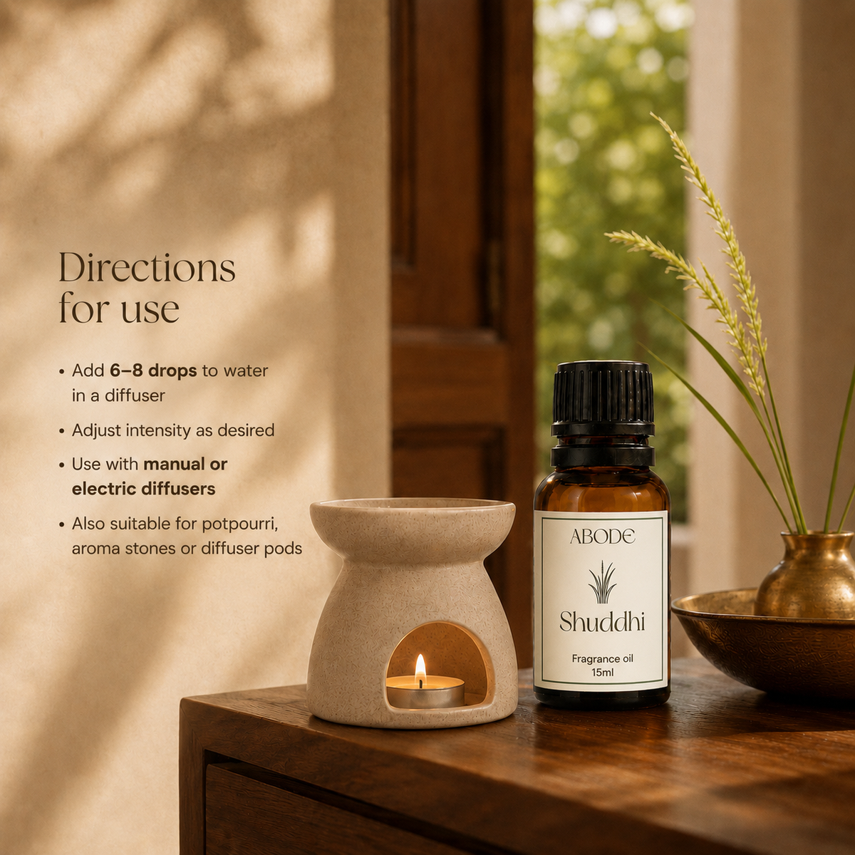 ABODE Shuddhi Fragrance Oil | 15ml | Fresh Green & Woody Blend | Sacred Indian Grass-Inspired Fragrance for Diffusers