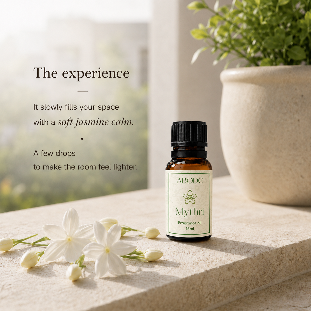 ABODE Mythri Fragrance Oil | 15ml | Soft Jasmine Fragrance | Indian Jasmine-Inspired Fragrance for Diffusers