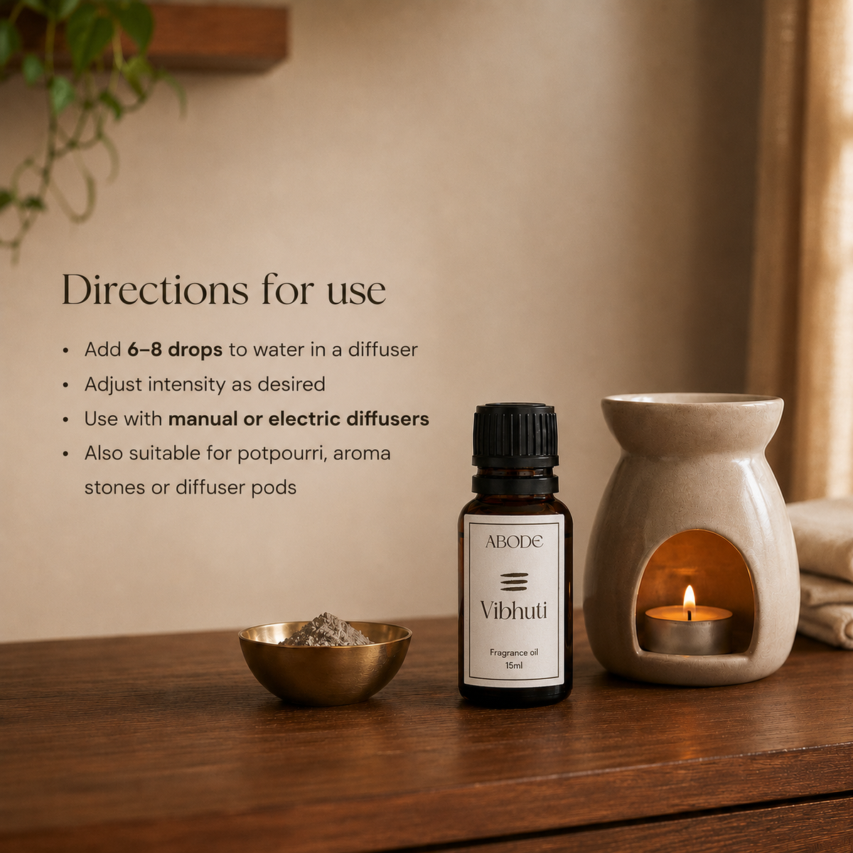 ABODE Vibhuti Fragrance Oil | 15ml | Herbal, Woody & Resinous Blend | Sacred Ash Fragrance for Diffusers