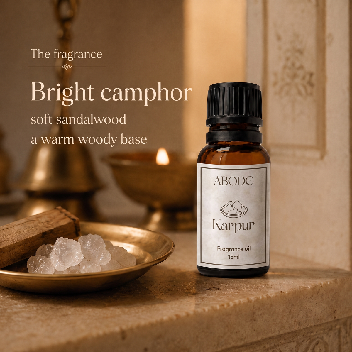 ABODE Karpur Fragrance Oil | 15ml | Camphor & Sandalwood Blend | Aarti-Inspired Fragrance for Diffusers