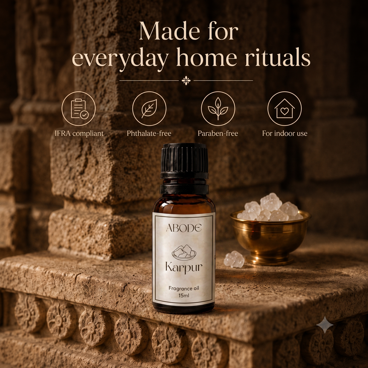 ABODE Karpur Fragrance Oil | 15ml | Camphor & Sandalwood Blend | Aarti-Inspired Fragrance for Diffusers