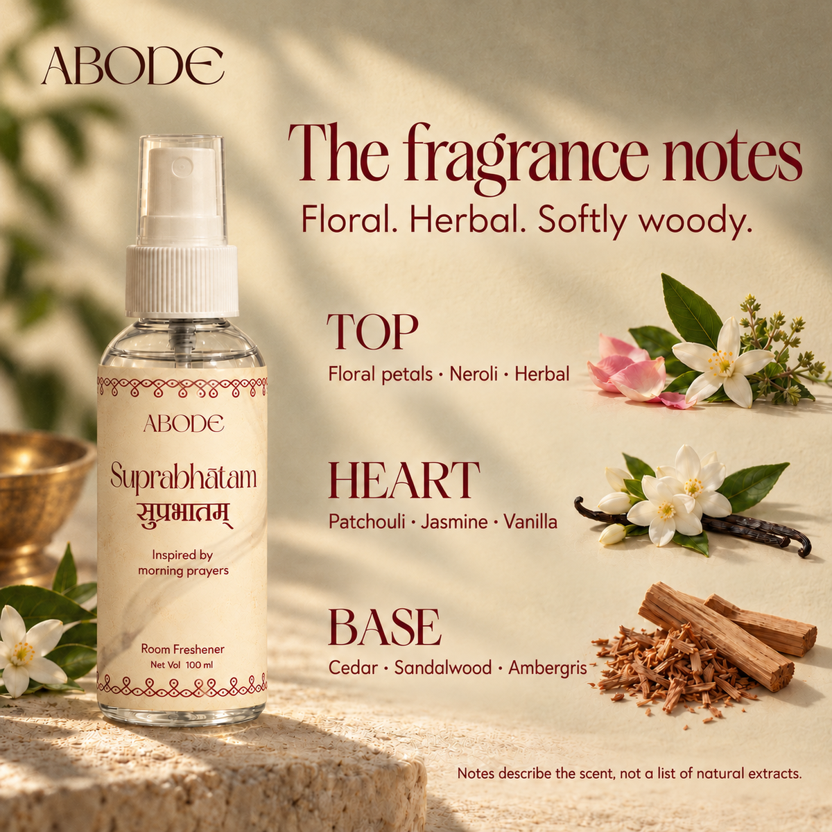 ABODE Suprabhatam Room Freshener Spray | Inspired by Morning Prayers | Floral, Herbal & Woody Fragrance | Gas-Free Spray | 100 ml