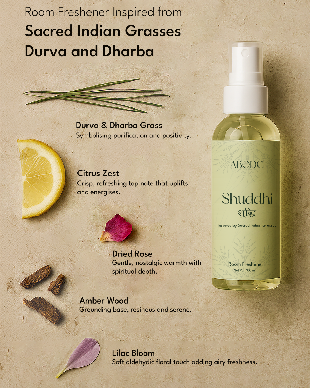 ABODE Shuddhi Room Freshener | 100ml/3.3 Oz | Inspired from Indian Sacred Grasses | Cleanse, Protect & Invite Positive Energy