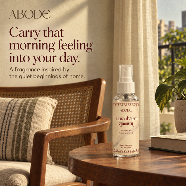 ABODE Suprabhatam Room Freshener Spray | Inspired by Morning Prayers | Floral, Herbal & Woody Fragrance | Gas-Free Spray | 100 ml