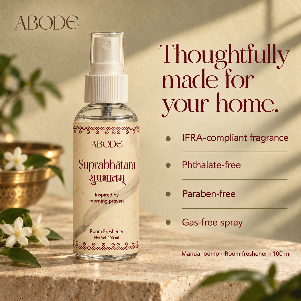 ABODE Suprabhatam Room Freshener Spray | Inspired by Morning Prayers | Floral, Herbal & Woody Fragrance | Gas-Free Spray | 100 ml