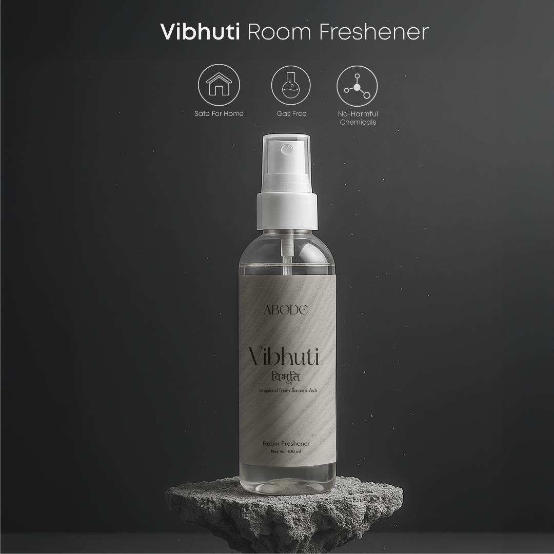 ABODE Vibhuti Room Freshener – Sacred Ash Inspired Aroma | 100ml | Non-Toxic, Gas-Free Room Spray | Temple-Inspired Purity with Herbal, Woody Notes