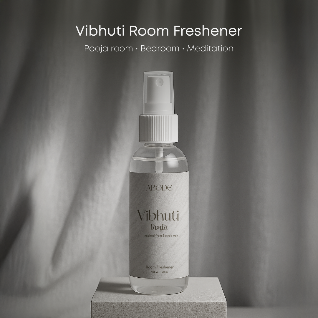 ABODE Vibhuti Room Freshener – Sacred Ash Inspired Aroma | 100ml | Non-Toxic, Gas-Free Room Spray | Temple-Inspired Purity with Herbal, Woody Notes