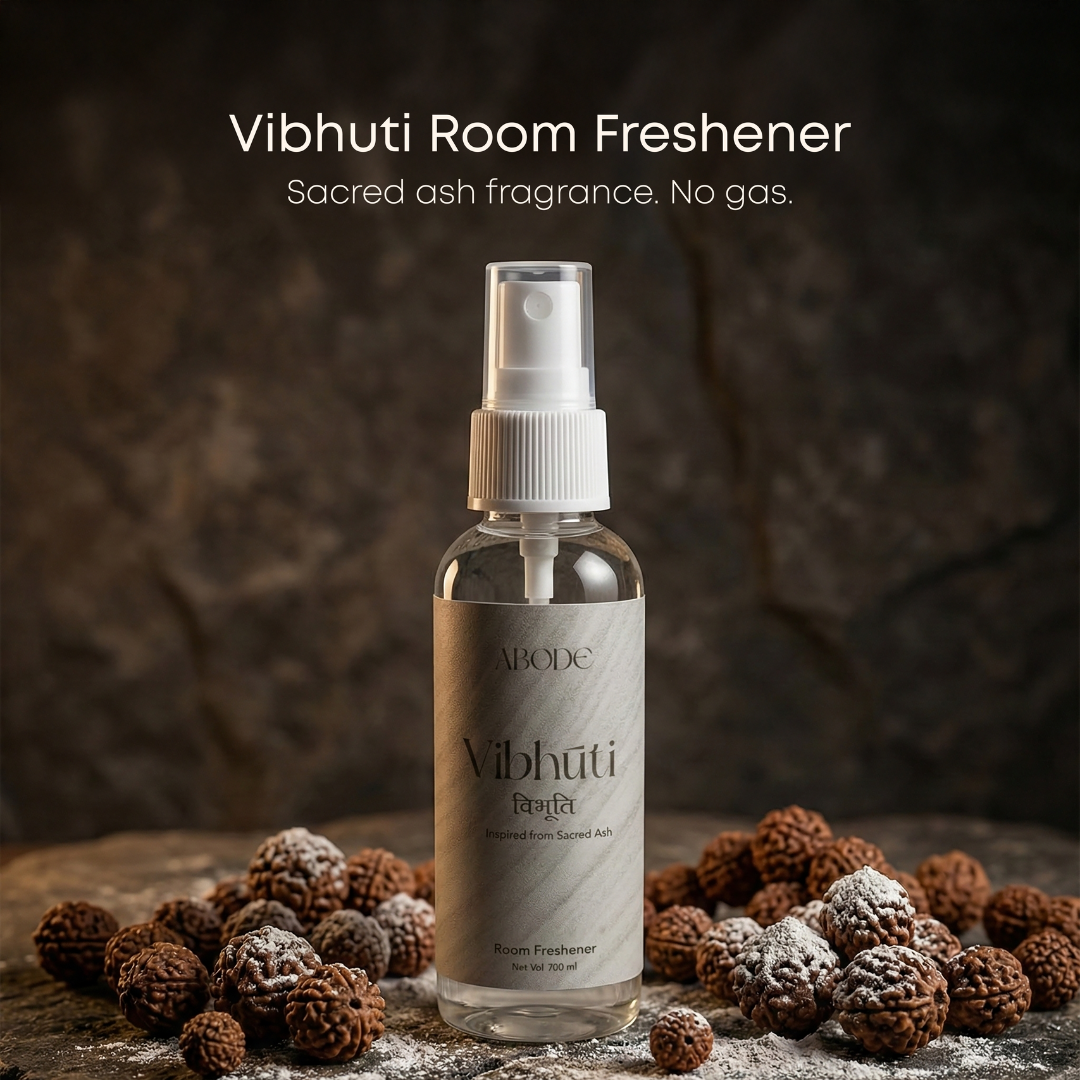 ABODE Vibhuti Room Freshener – Sacred Ash Inspired Aroma | 100ml | Non-Toxic, Gas-Free Room Spray | Temple-Inspired Purity with Herbal, Woody Notes