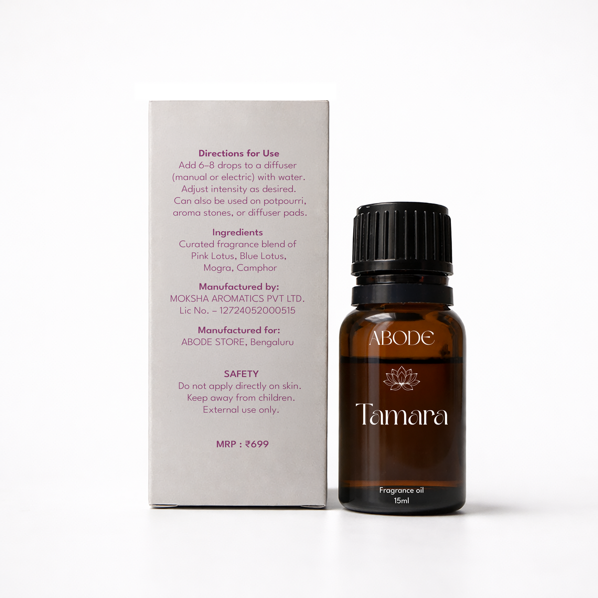 ABODE Tamara Fragrance Oil | 15ml |  Pink Lotus, Blue Lotus, Mogra & Camphor Blend | Calm & Meditative Home Aroma | For Diffusers