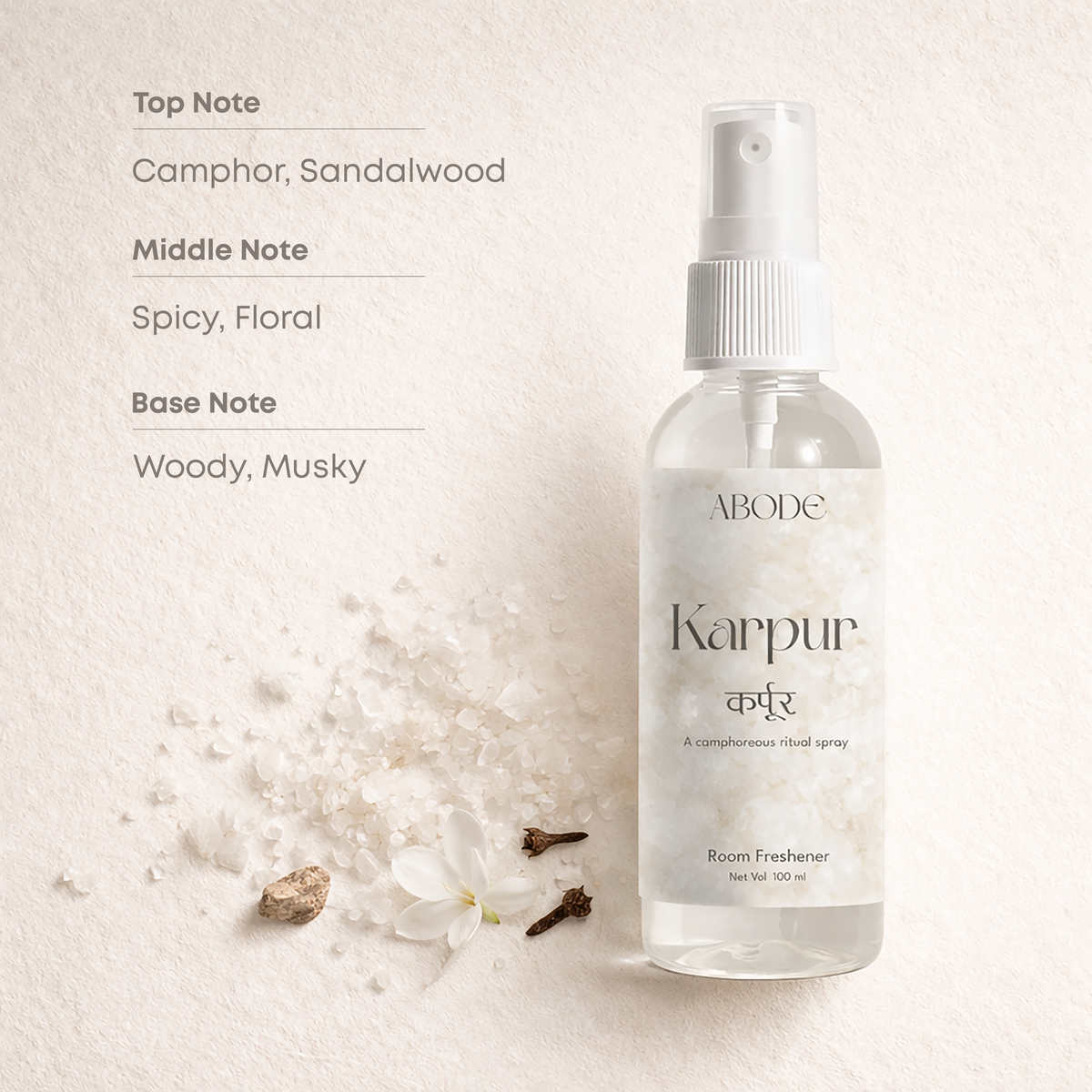 ABODE Karpur Room Freshener | 100ml | Camphor & Sandalwood Ritual Spray | Camphor Room Freshener for Home & Pooja | Smoke-Free Alternative to Camphor Cones | 100 ml