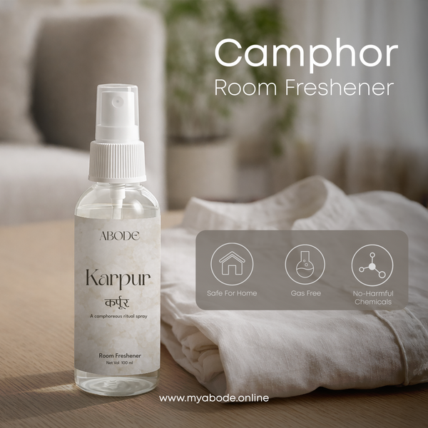 ABODE Karpur Room Freshener | 100ml | Camphor & Sandalwood Ritual Spray | Camphor Room Freshener for Home & Pooja | Smoke-Free Alternative to Camphor Cones | 100 ml