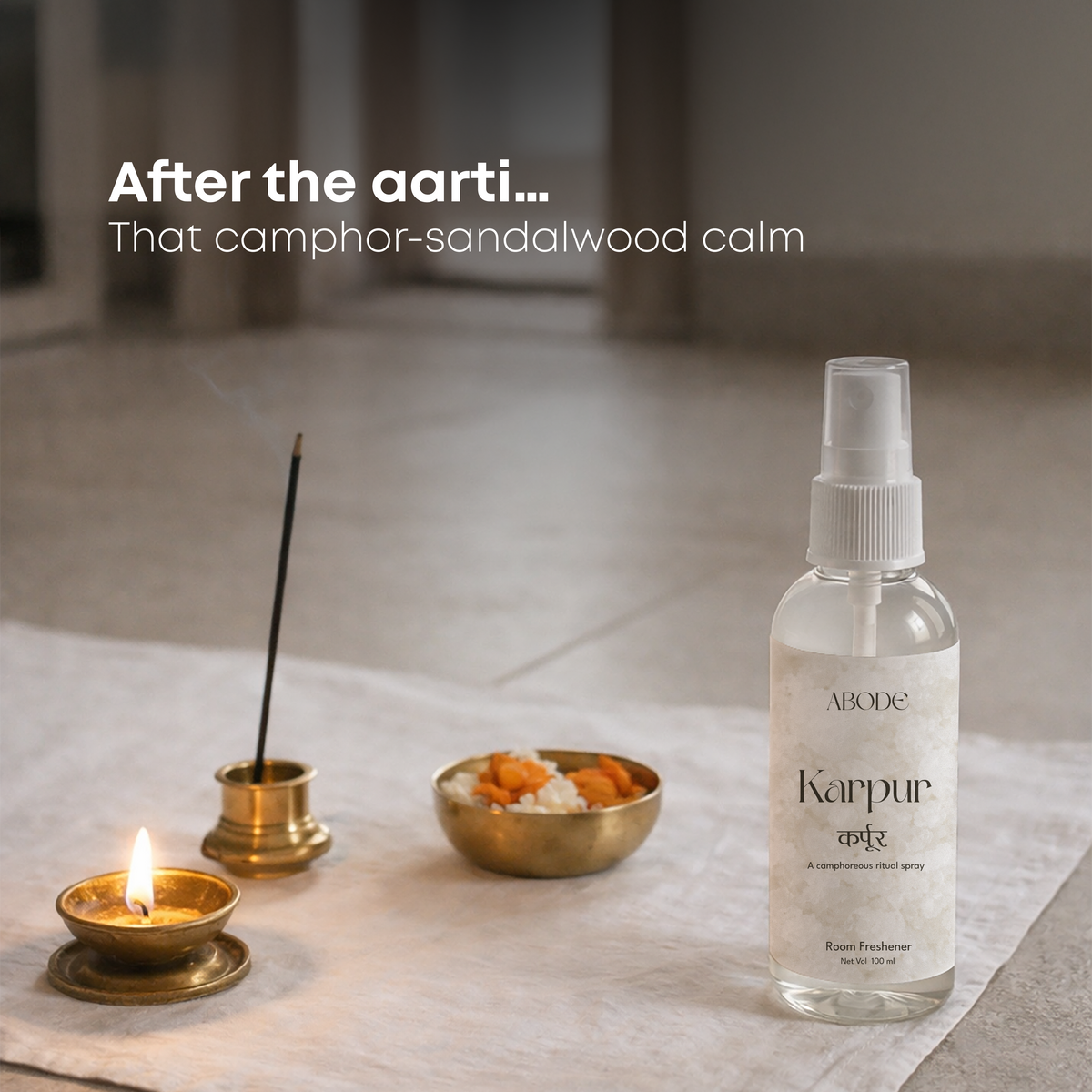 ABODE Karpur Room Freshener | 100ml | Camphor & Sandalwood Ritual Spray | Camphor Room Freshener for Home & Pooja | Smoke-Free Alternative to Camphor Cones | 100 ml