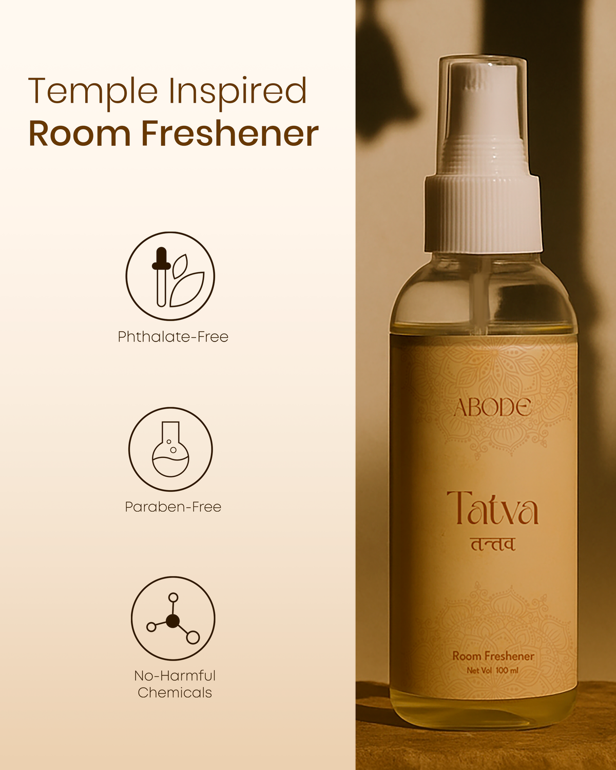 ABODE Tatva Room Freshener Spray (100ml) | Sacred Temple Fragrance with Sandalwood, Tulsi & Camphor | Spiritual & Calming Aroma