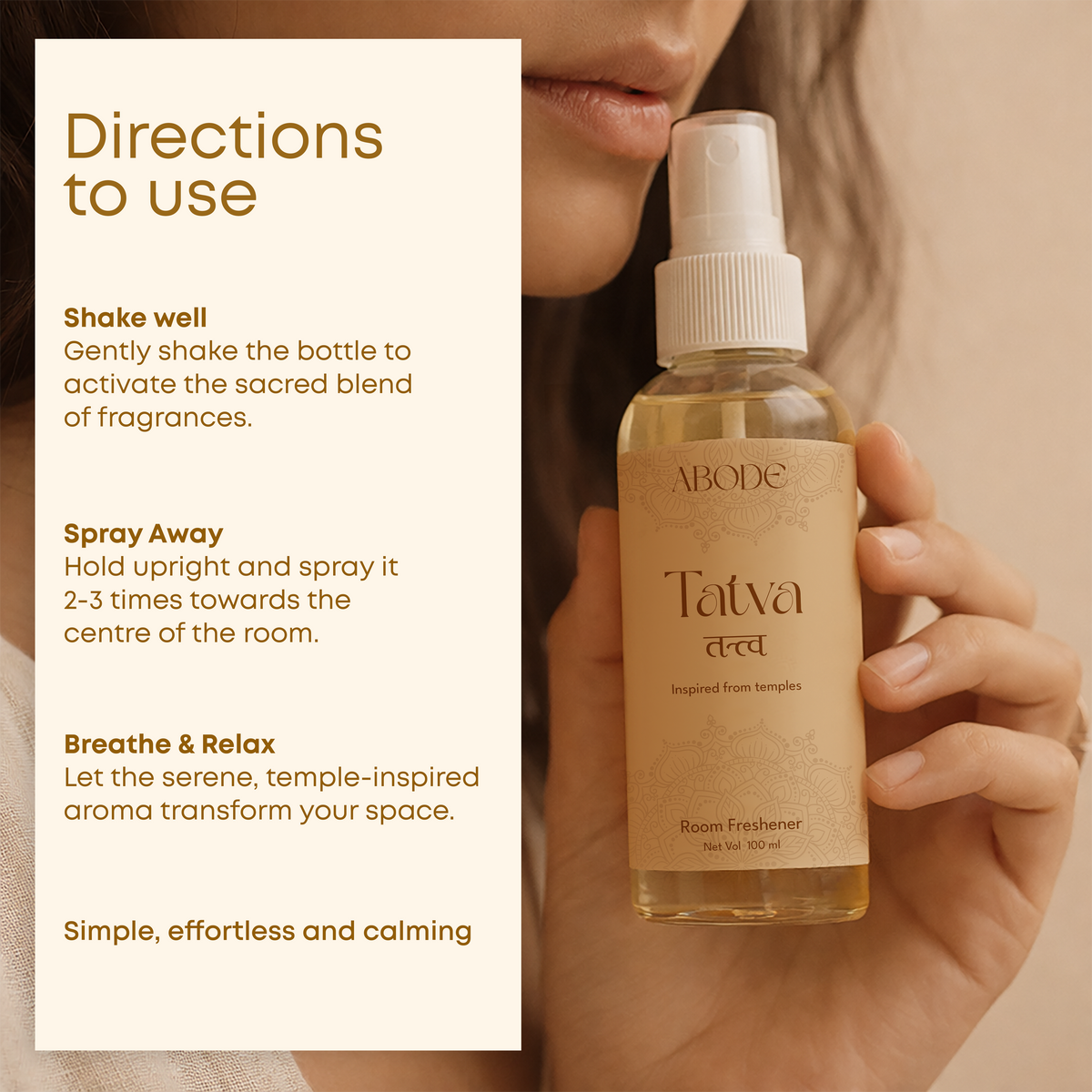 ABODE Tatva Room Freshener Spray (100ml) | Sacred Temple Fragrance with Sandalwood, Tulsi & Camphor | Spiritual & Calming Aroma